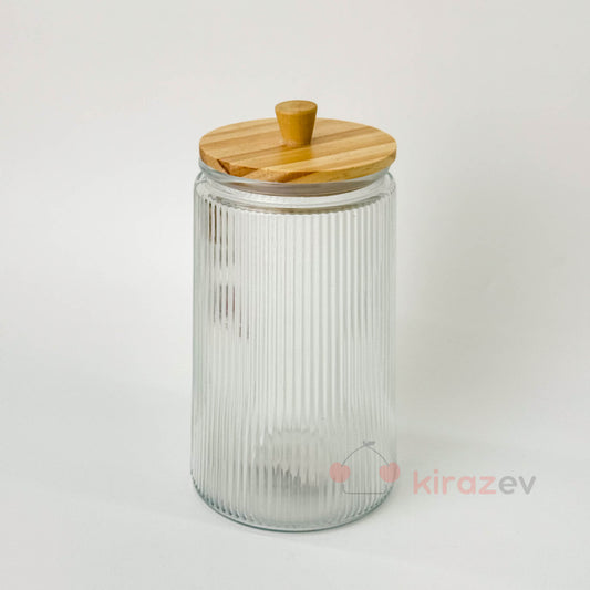 Bambu Kapaklı Çizgili Cam Kavanoz Büyük Boy