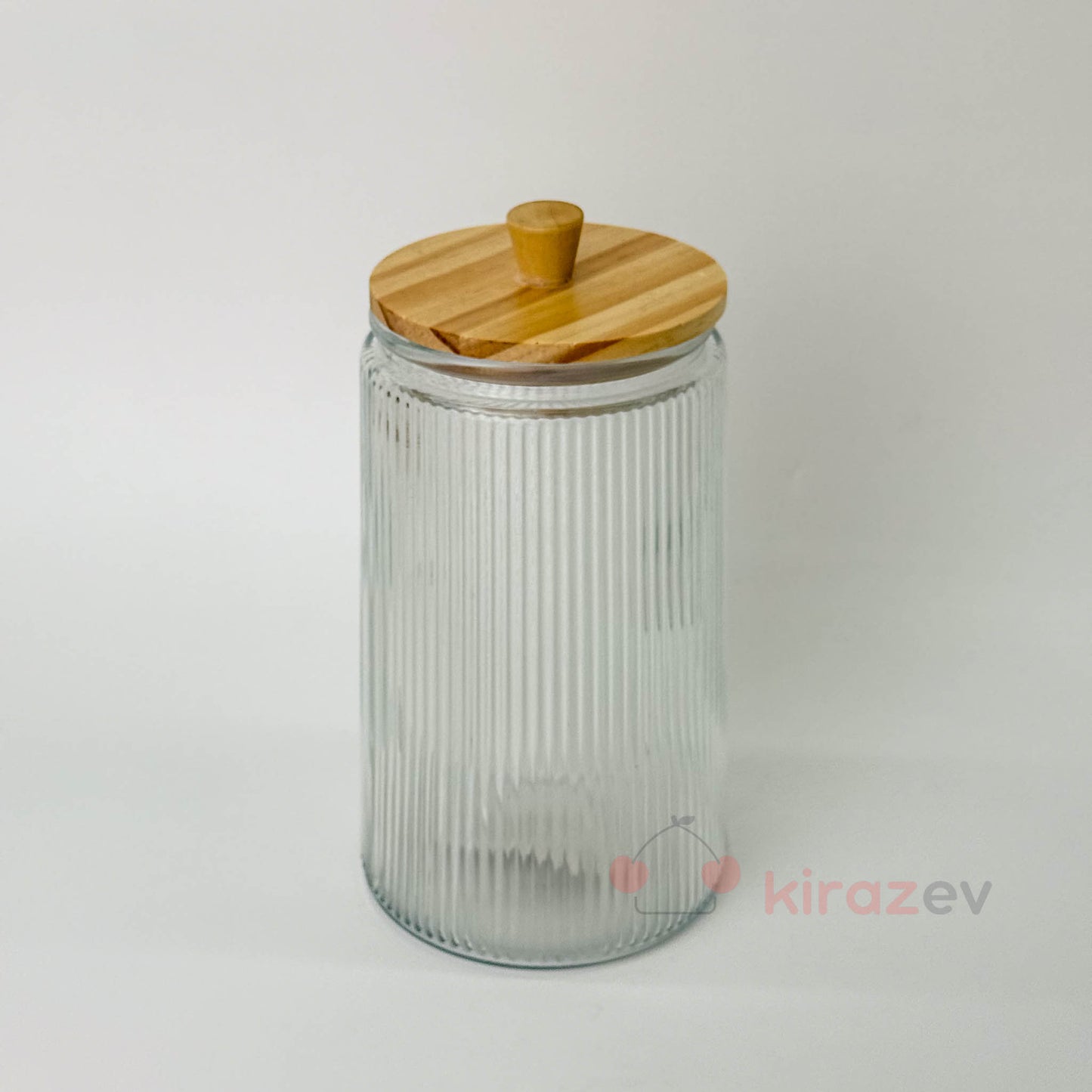 Bambu Kapaklı Çizgili Cam Kavanoz Büyük Boy