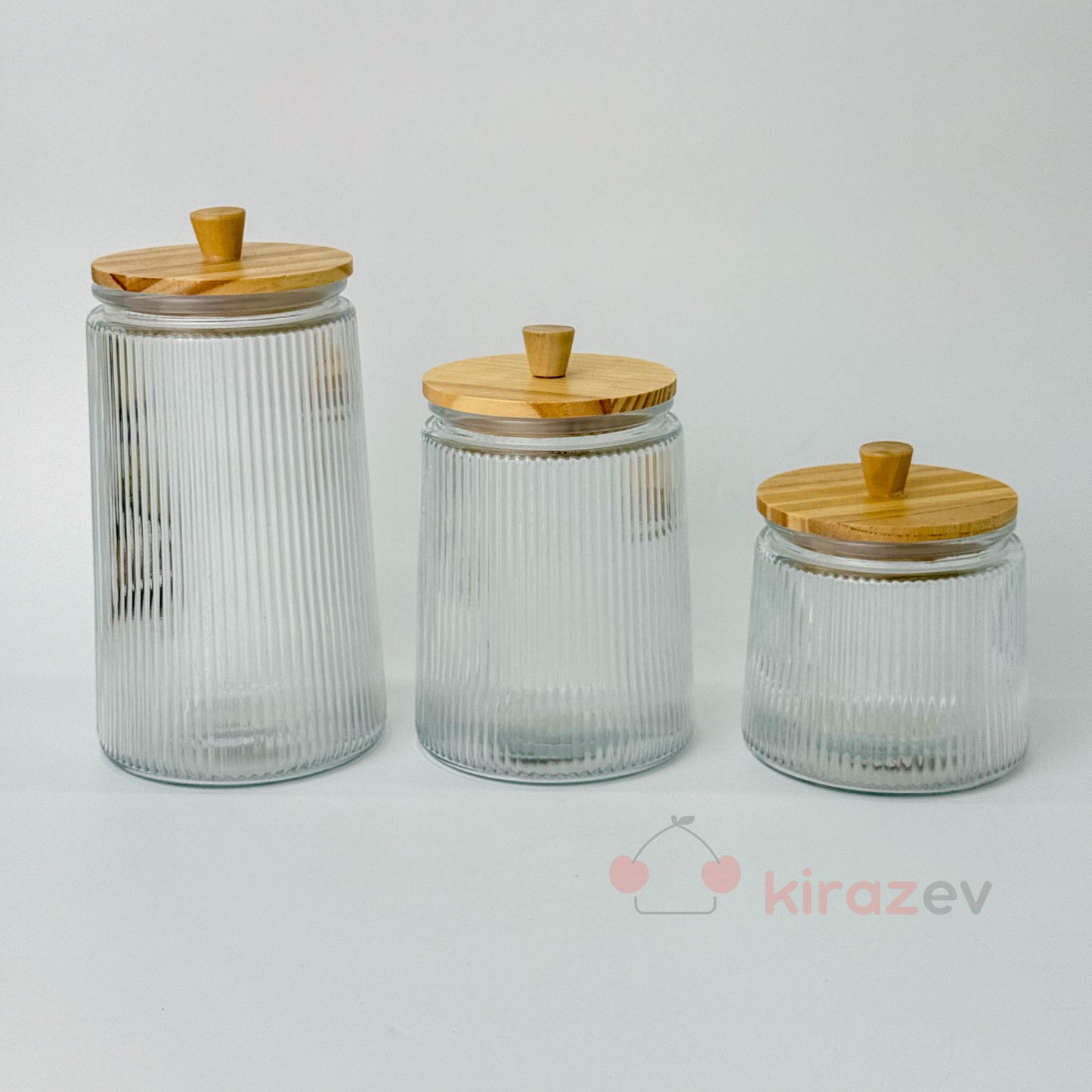 Bambu Kapaklı Çizgili Cam Kavanoz Büyük Boy