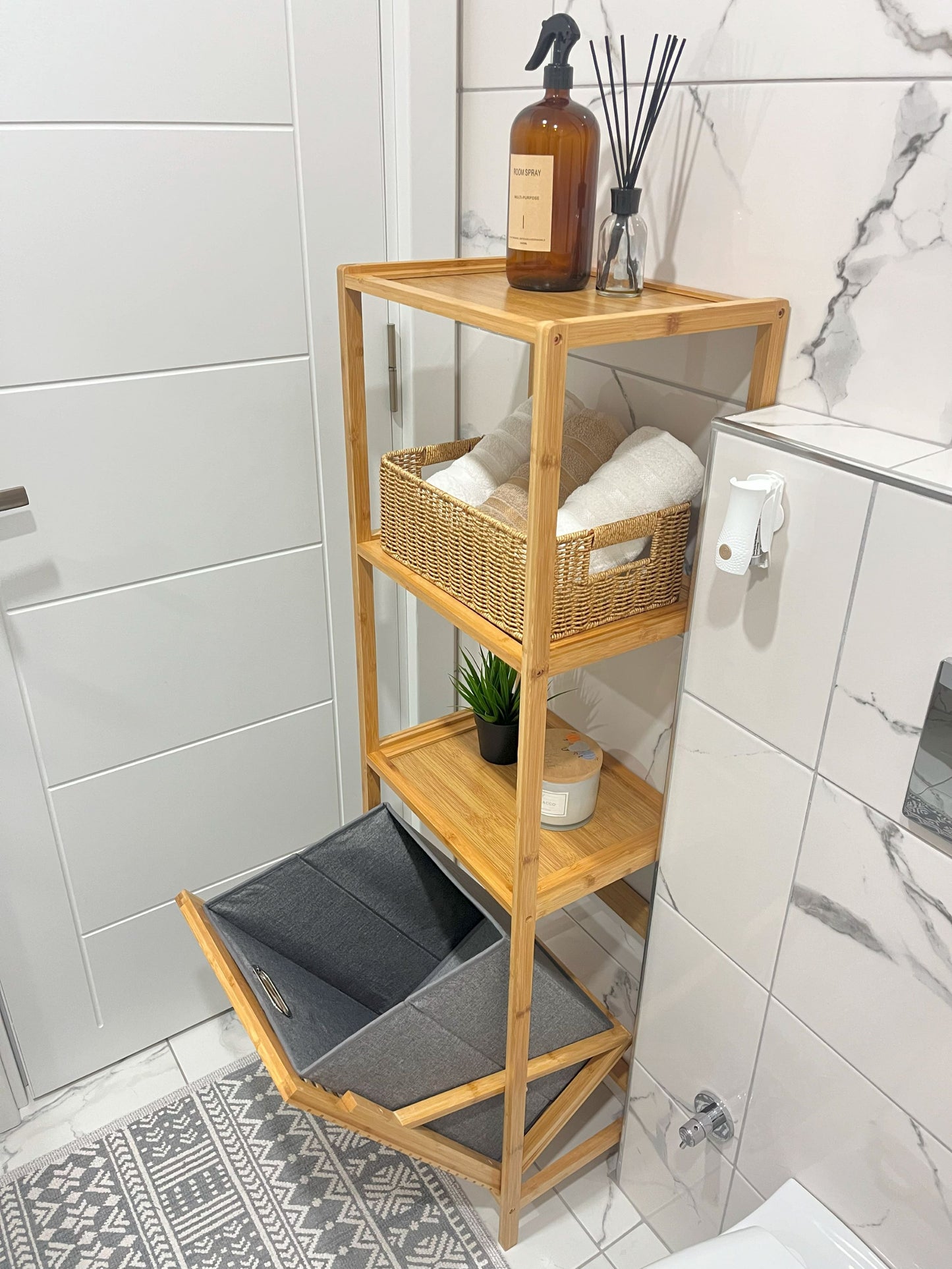 Bambu Kirli Sepeti 3 Raflı Banyo Düzenleyici Organizer Raf