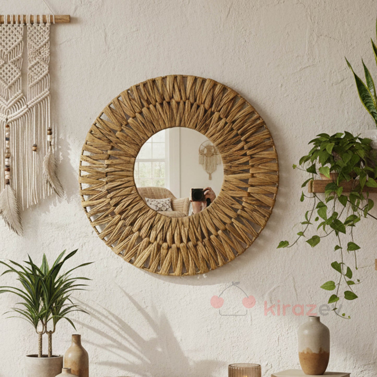 Bohem Hasır Detaylı Yuvarlak Duvar Aynası