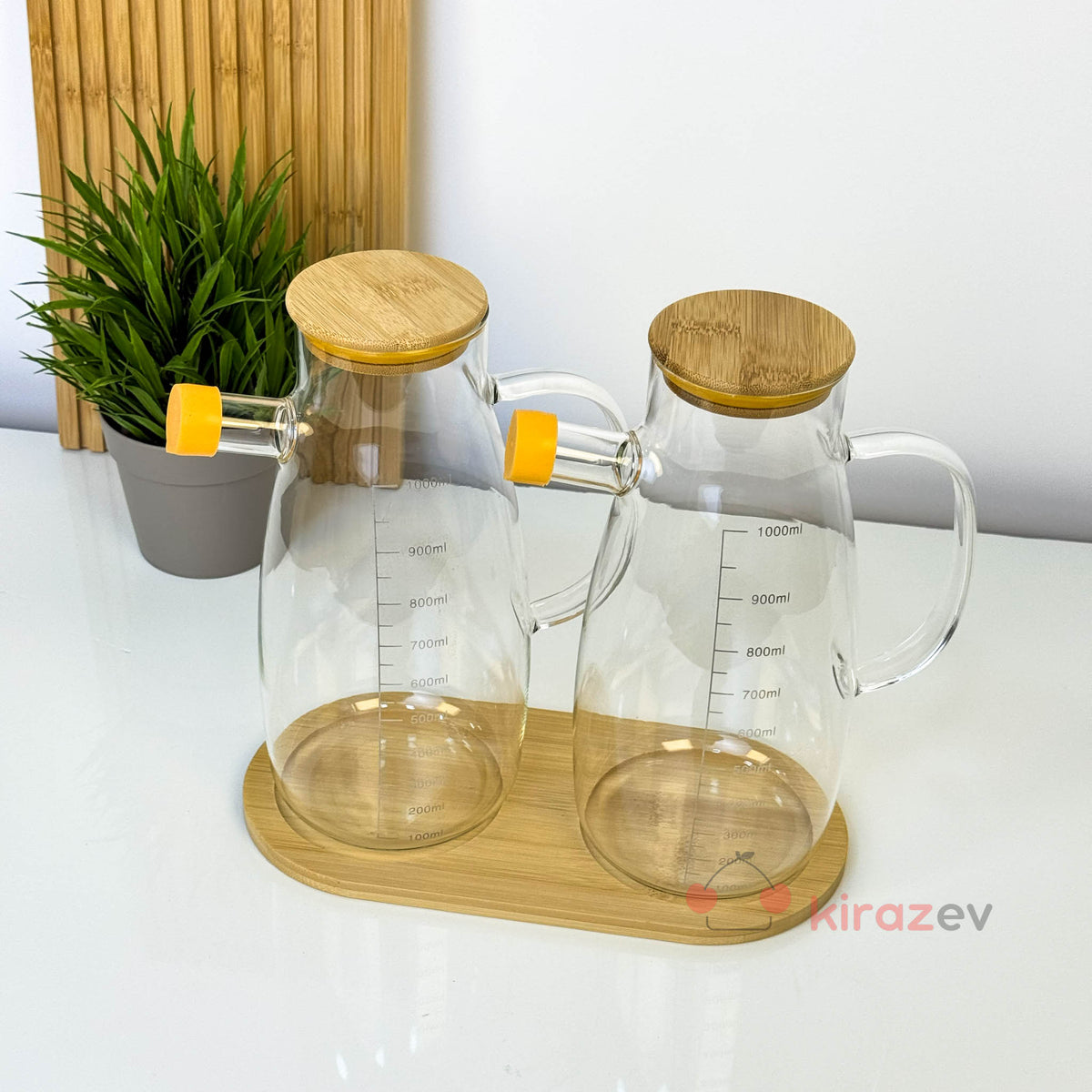 Bambu Kapaklı Cam Yağdanlık Seti – 2’li