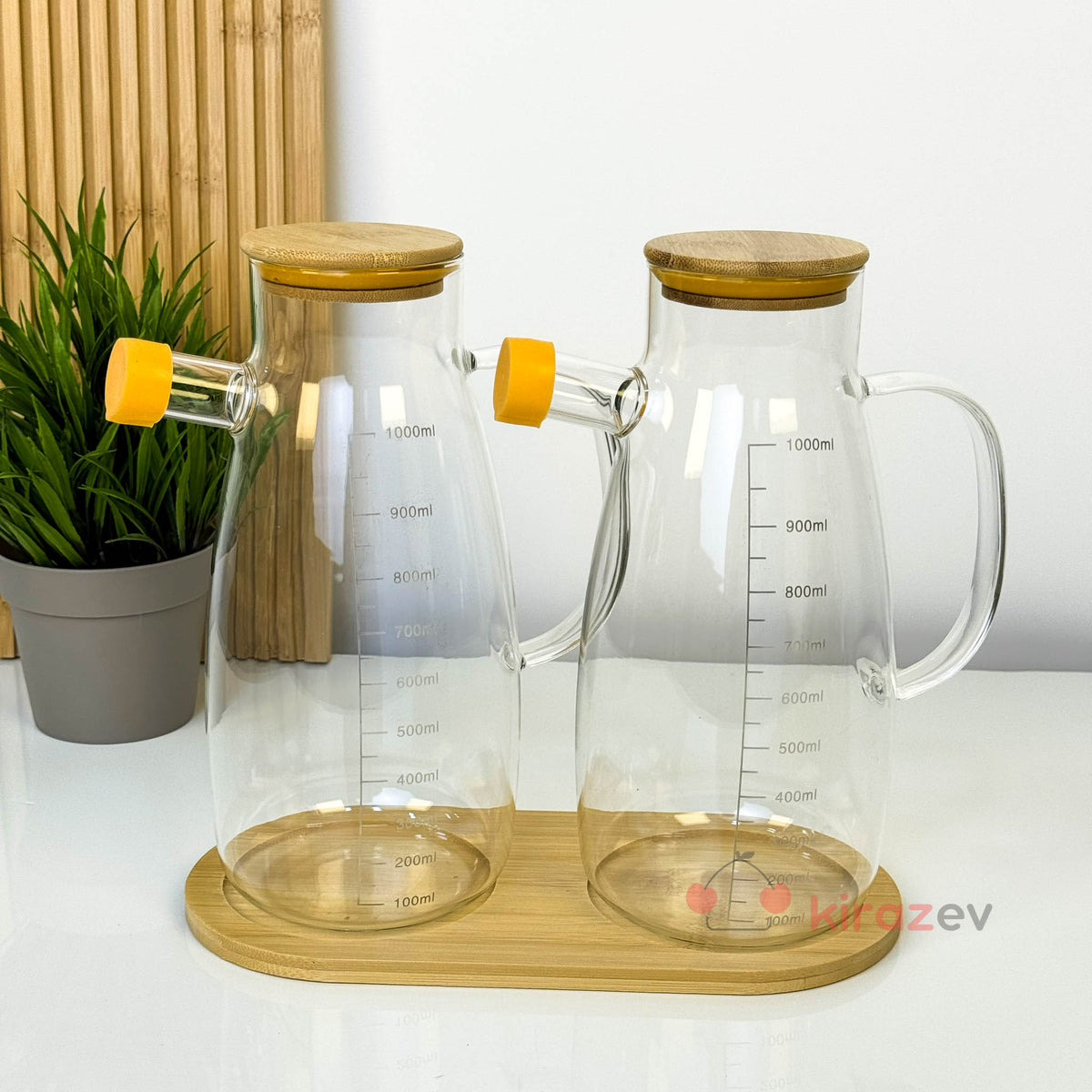 Bambu Kapaklı Cam Yağdanlık Seti – 2’li