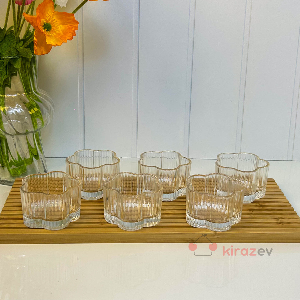 6’lı Çiçek Desenli Cam Çerezlik & Sosluk Seti