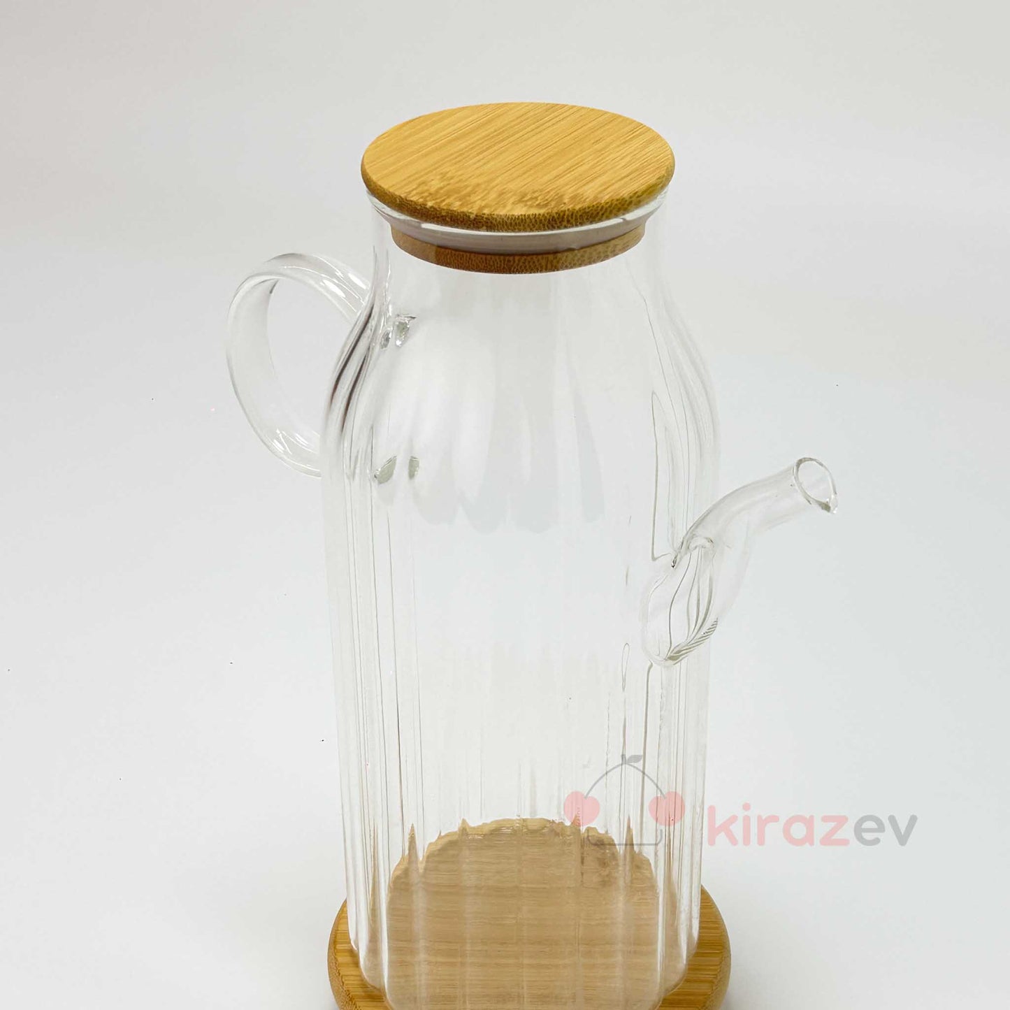 Flora Çizgili Cam Yağdanlık 1000 ml – Bambu Kapaklı