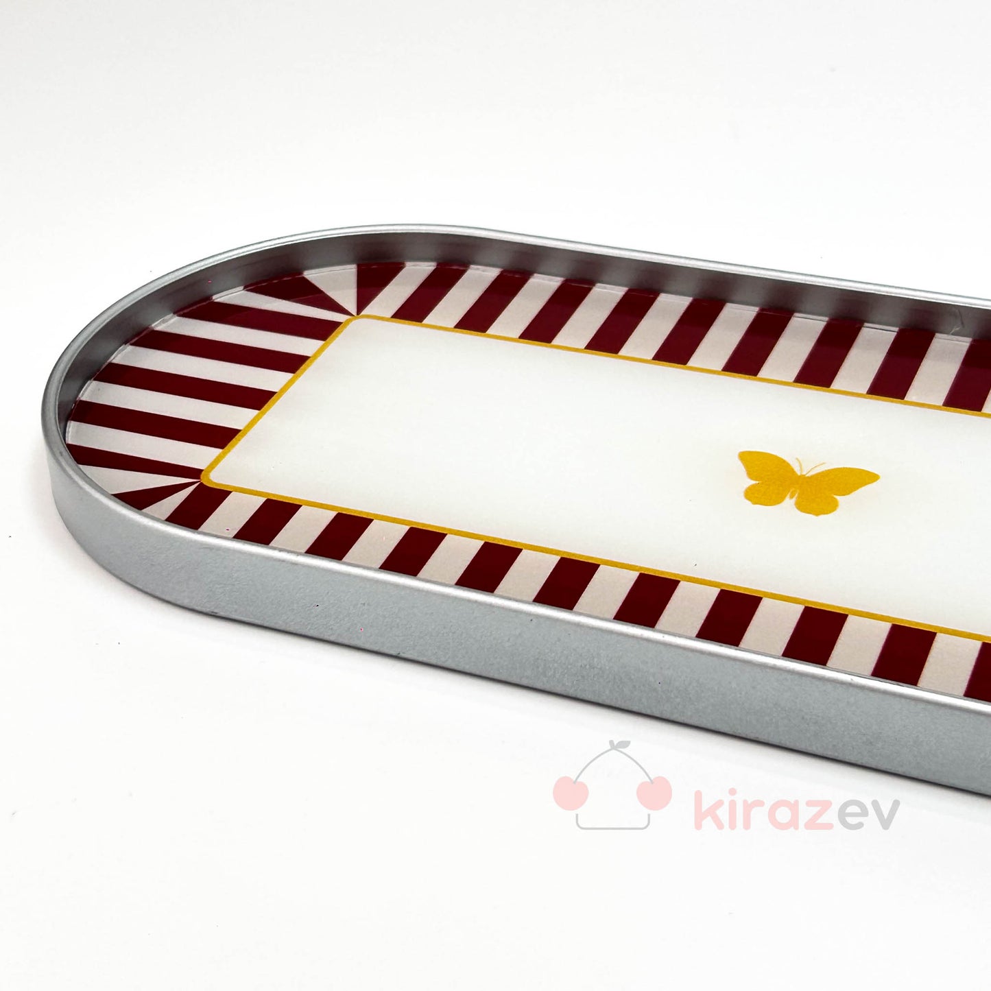 Gümüş Kelebek Desenli Oval  Sunumluk – Dekoratif Tepsi