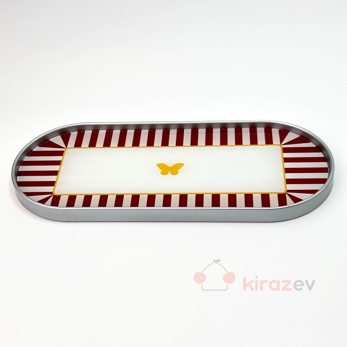 Gümüş Kelebek Desenli Oval  Sunumluk – Dekoratif Tepsi