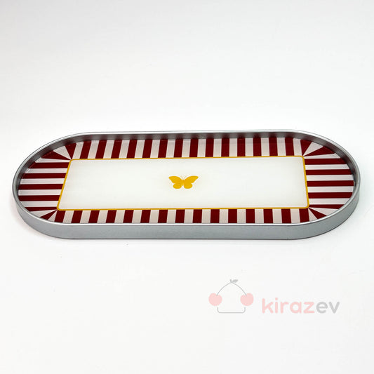 Gümüş Kelebek Desenli Oval  Sunumluk – Dekoratif Tepsi