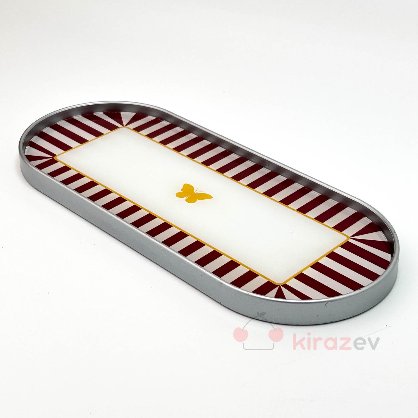 Gümüş Kelebek Desenli Oval  Sunumluk – Dekoratif Tepsi