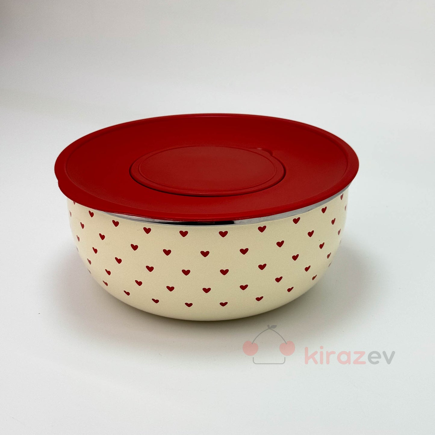 Kırmızı Kalpli Emaye Karıştırma Kabı – Vakum Kapaklı