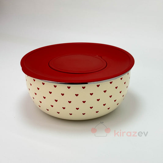 Kırmızı Kalpli Emaye Karıştırma Kabı – Vakum Kapaklı