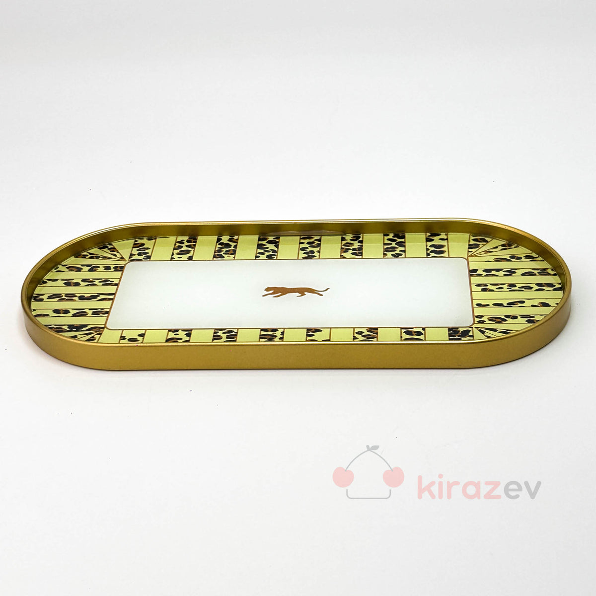 Altın Leopar Desenli Oval Sunumluk – Dekoratif Tepsi