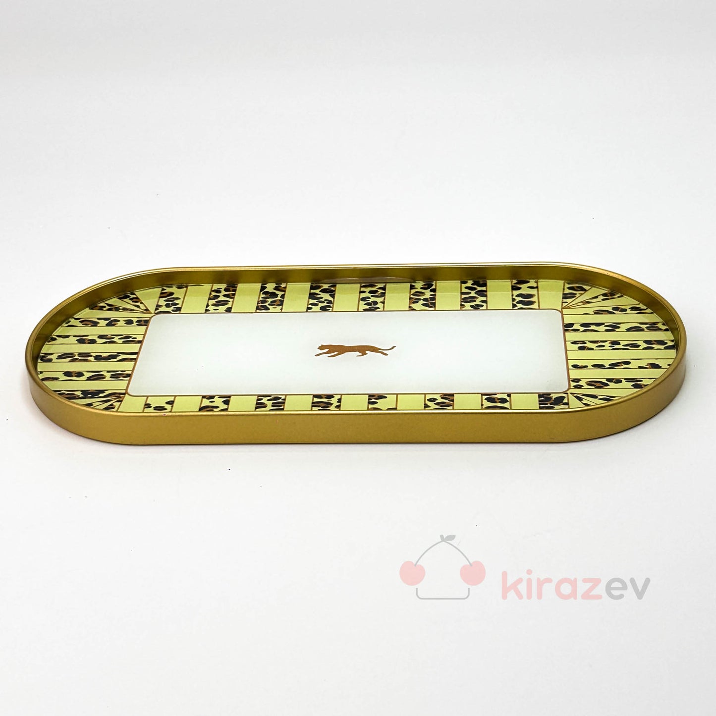 Altın Leopar Desenli Oval Sunumluk – Dekoratif Tepsi