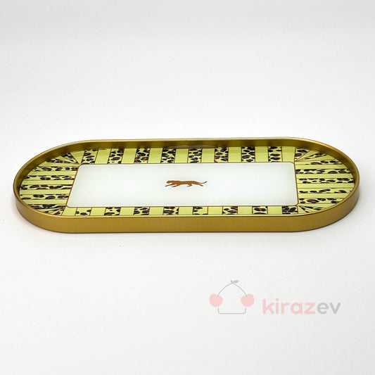 Altın Leopar Desenli Oval Sunumluk – Dekoratif Tepsi