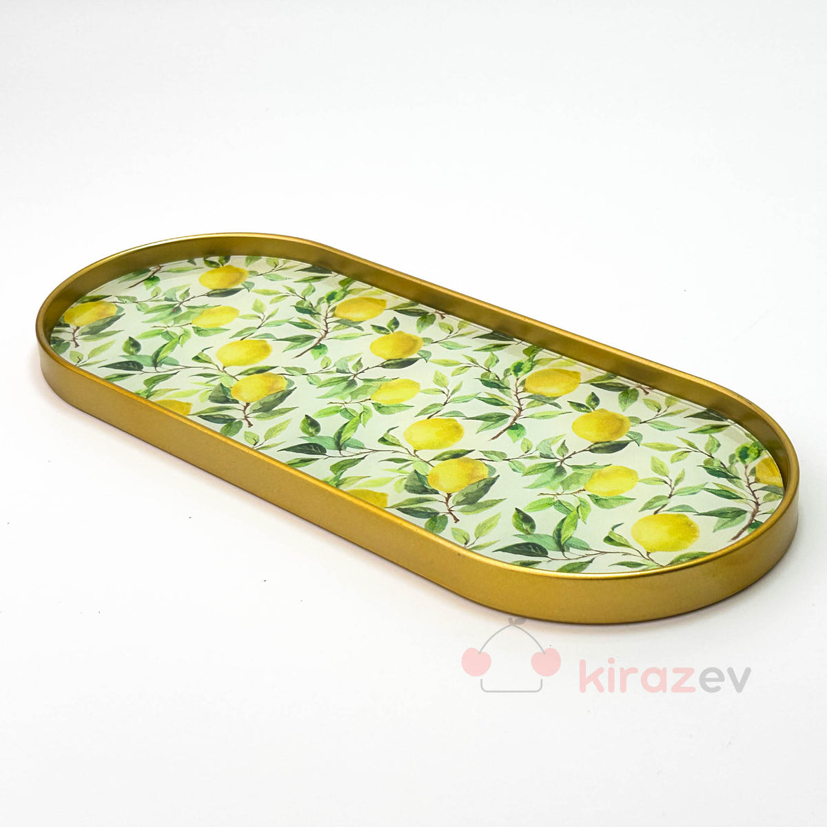 Altın Limon Desenli Oval Sunumluk – Dekoratif Tepsi