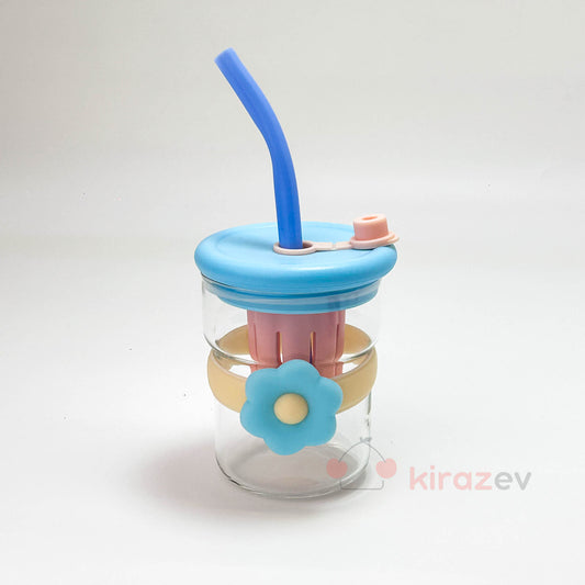 Cam Muggle Suluk - Mavi Çiçekli Pipetli