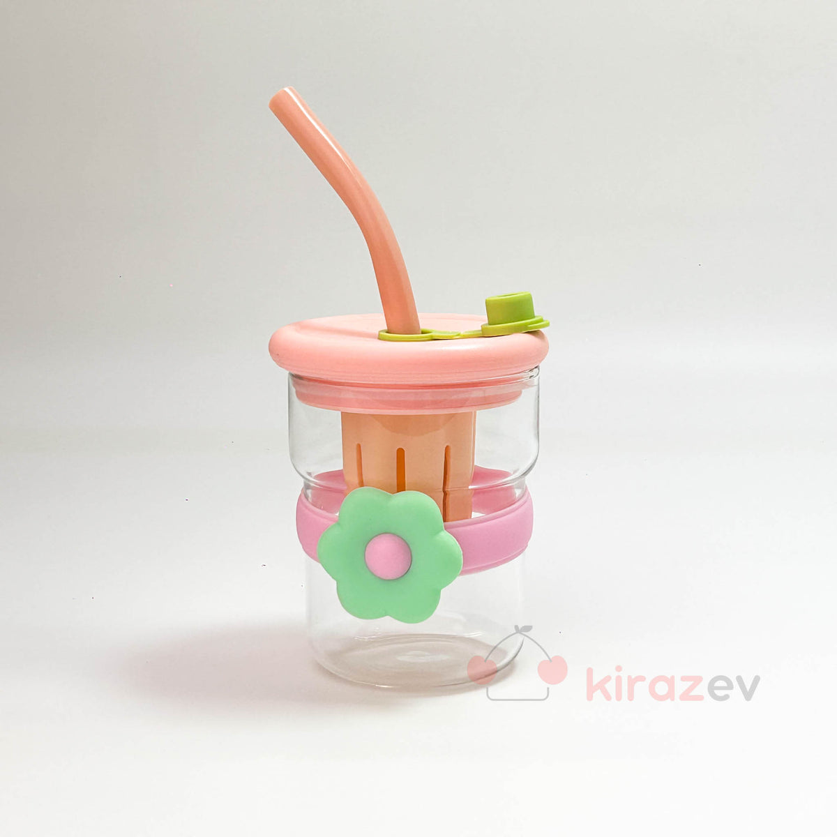 Cam Muggle Suluk - Pembe Çiçekli Pipetli