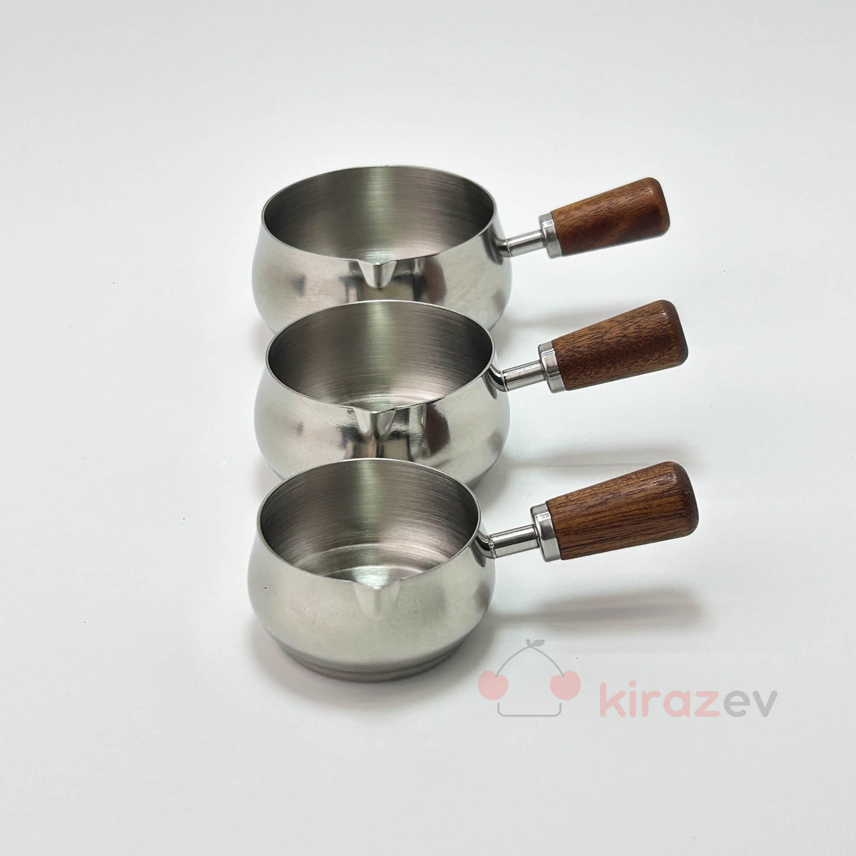3’lü Ölçü Kabı Seti – Paslanmaz Çelik ve Ahşap Saplı