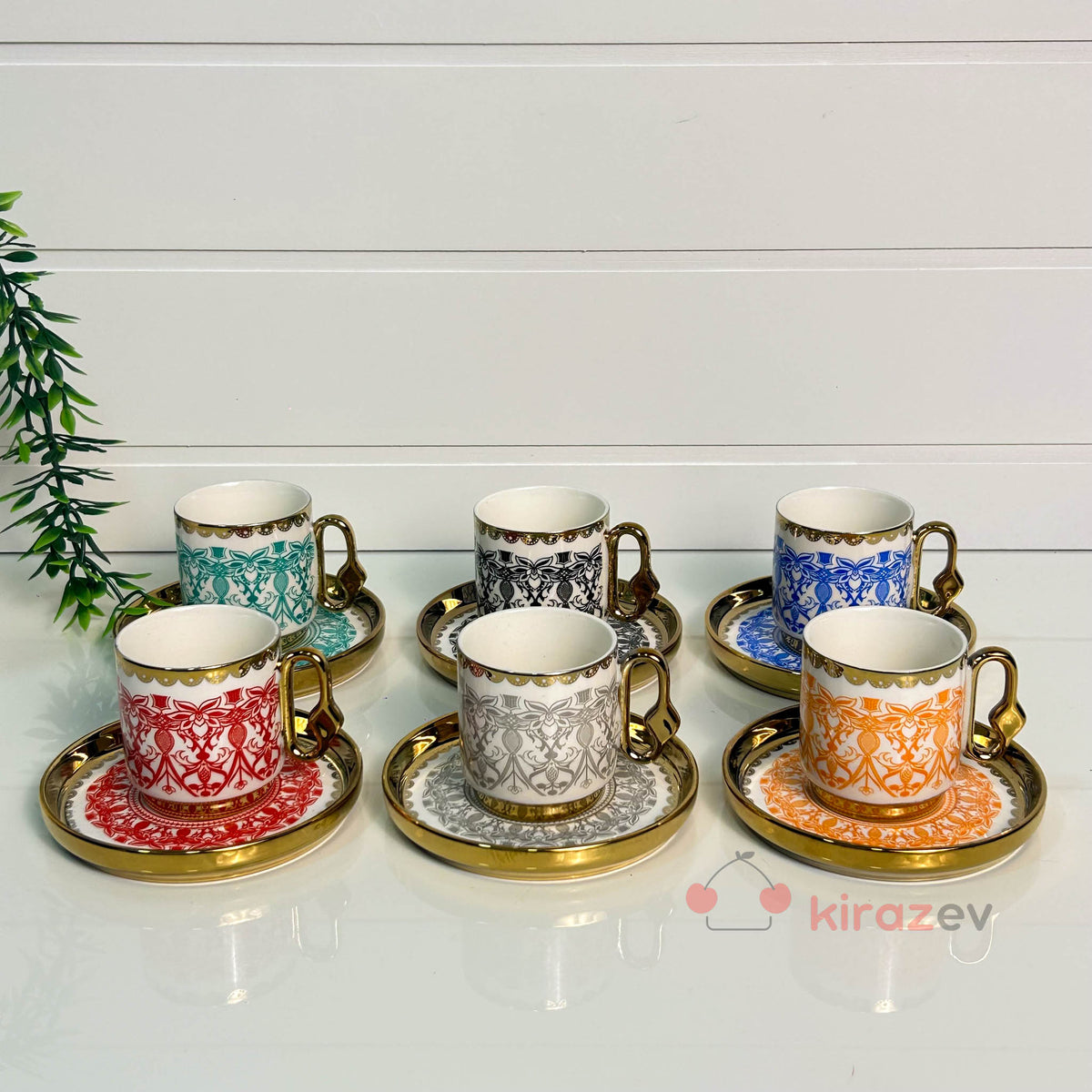 Renkli Altın Yaldızlı Kahve Fincanı Seti 6’lı