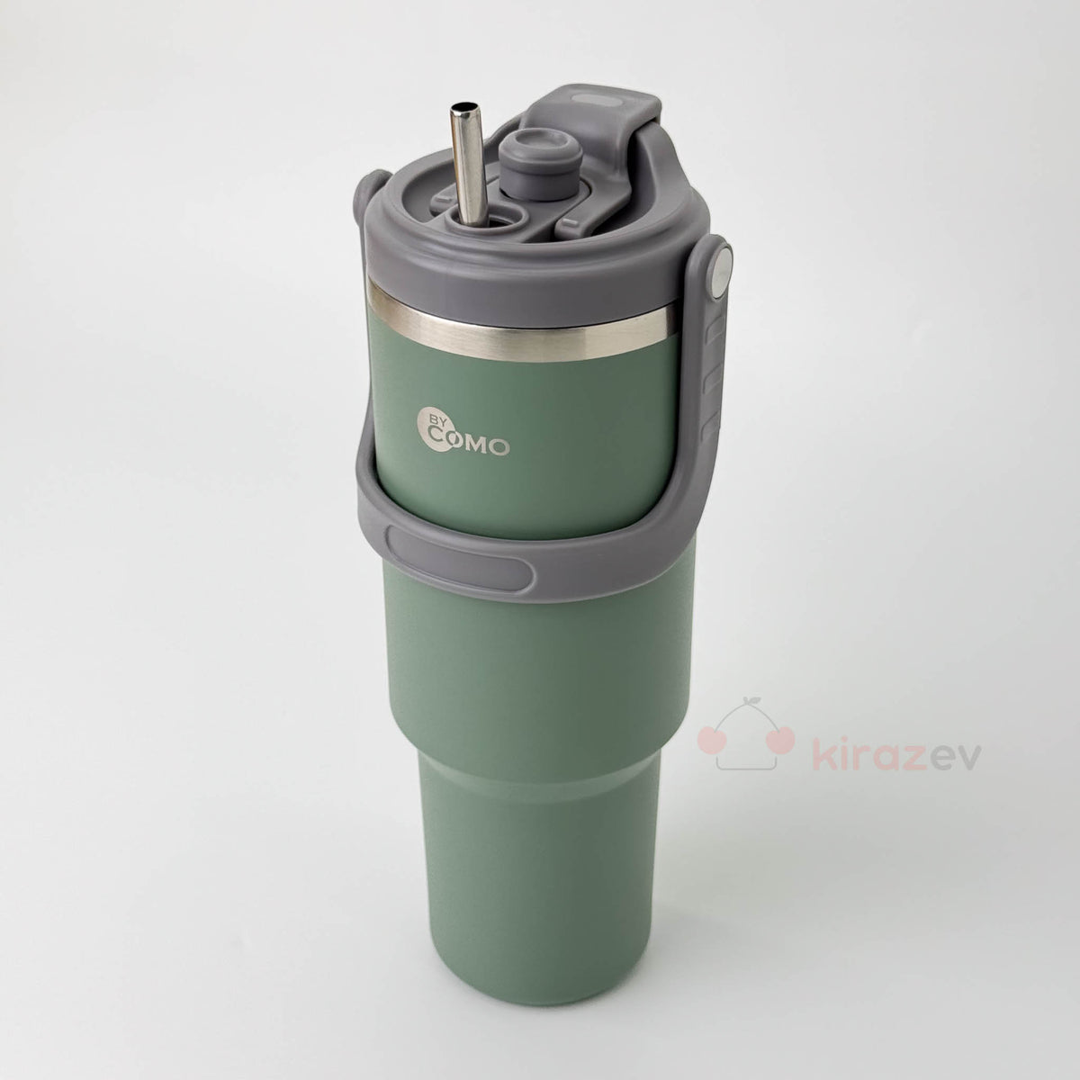 Paslanmaz Tutacaklı Pipetli Çelik Termos Yeşil