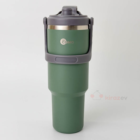 Paslanmaz Tutacaklı Pipetli Çelik Termos Yeşil