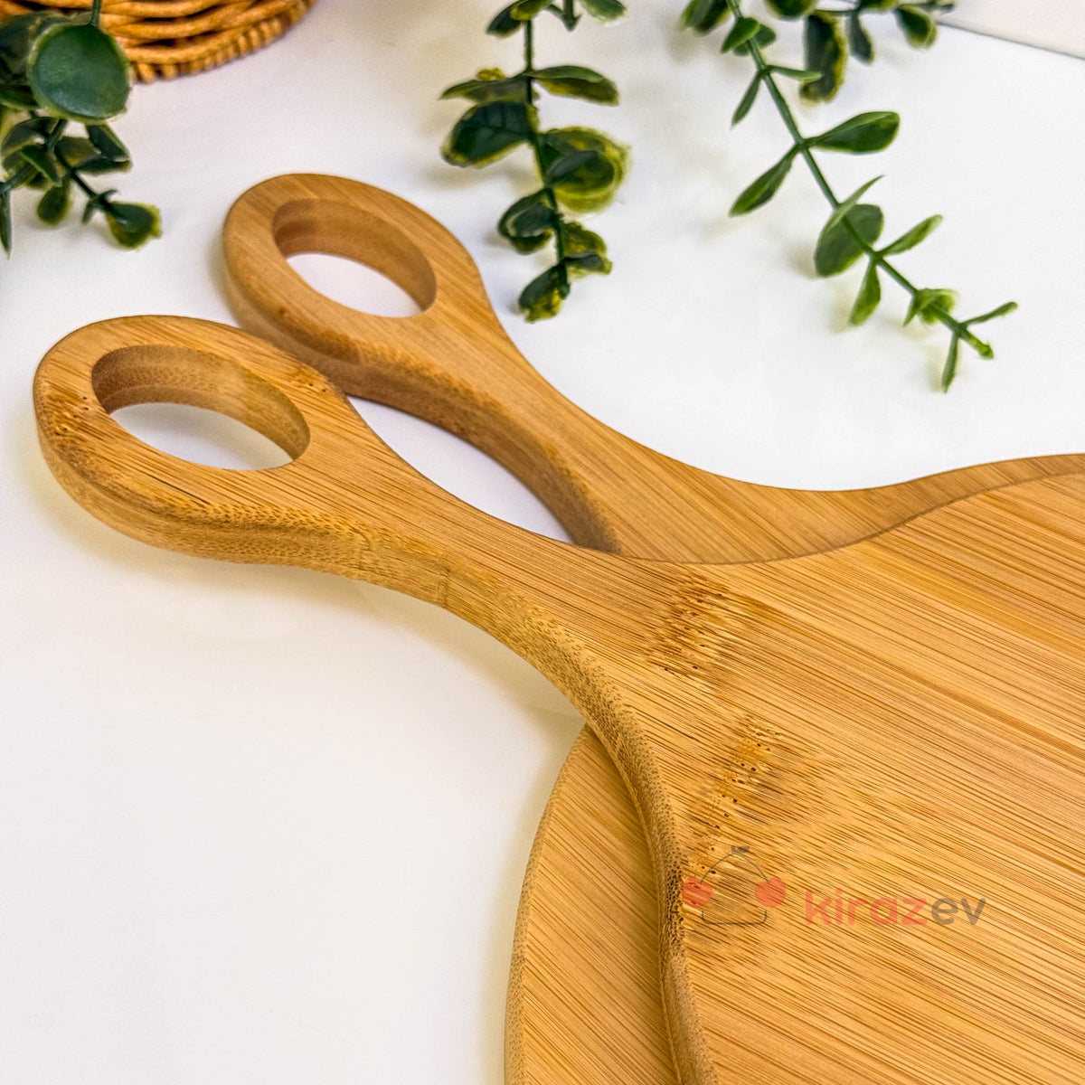 Yuvarlak Kulplu Bambu Kesim Panosu & Sunum Tahtası Seti